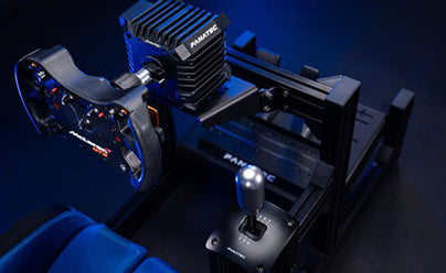 Fanatec DD wheel and Fanatec shifter mounted on the GT1 EVO sim racing cockpit.