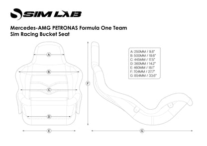 Technical drawing of a Mercedes-AMG Petronas Formula One Team Sim Racing Bucket Seat with dimensions.