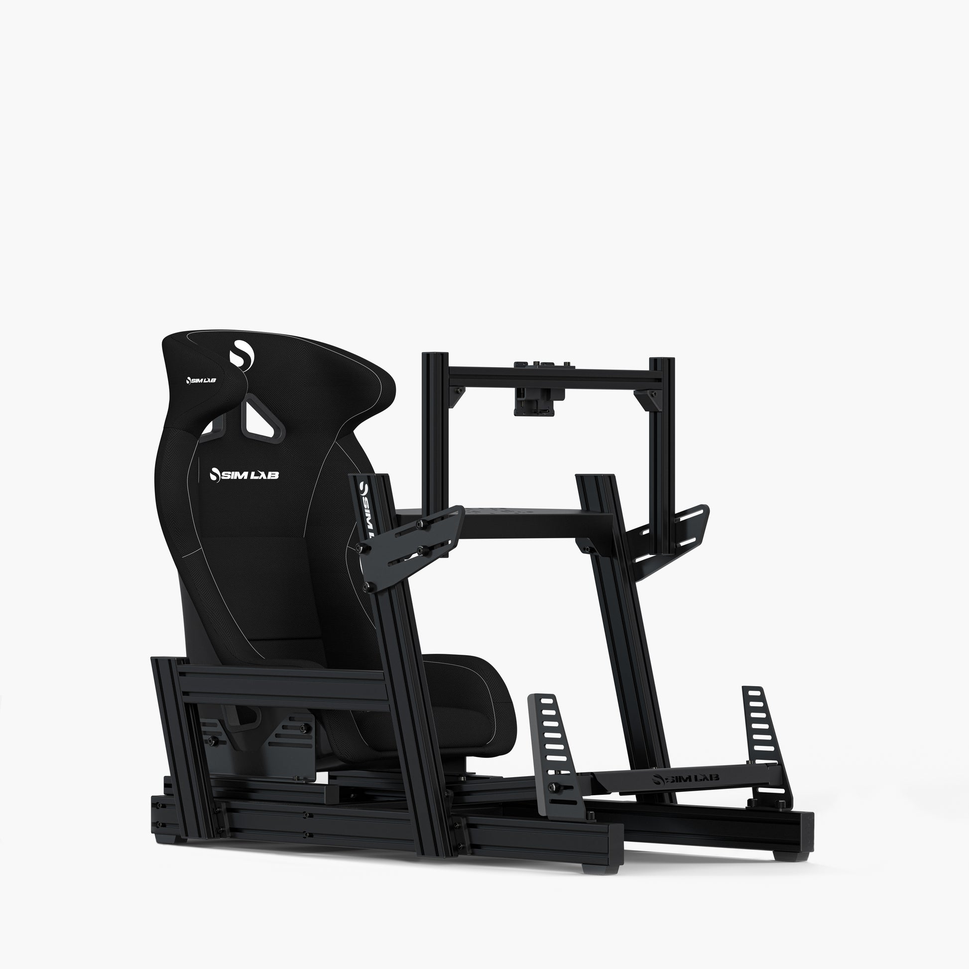 Black Speed1 seat mounted on the GT1 Pro Simracing Cockpit with the Integrated single monitor mount.