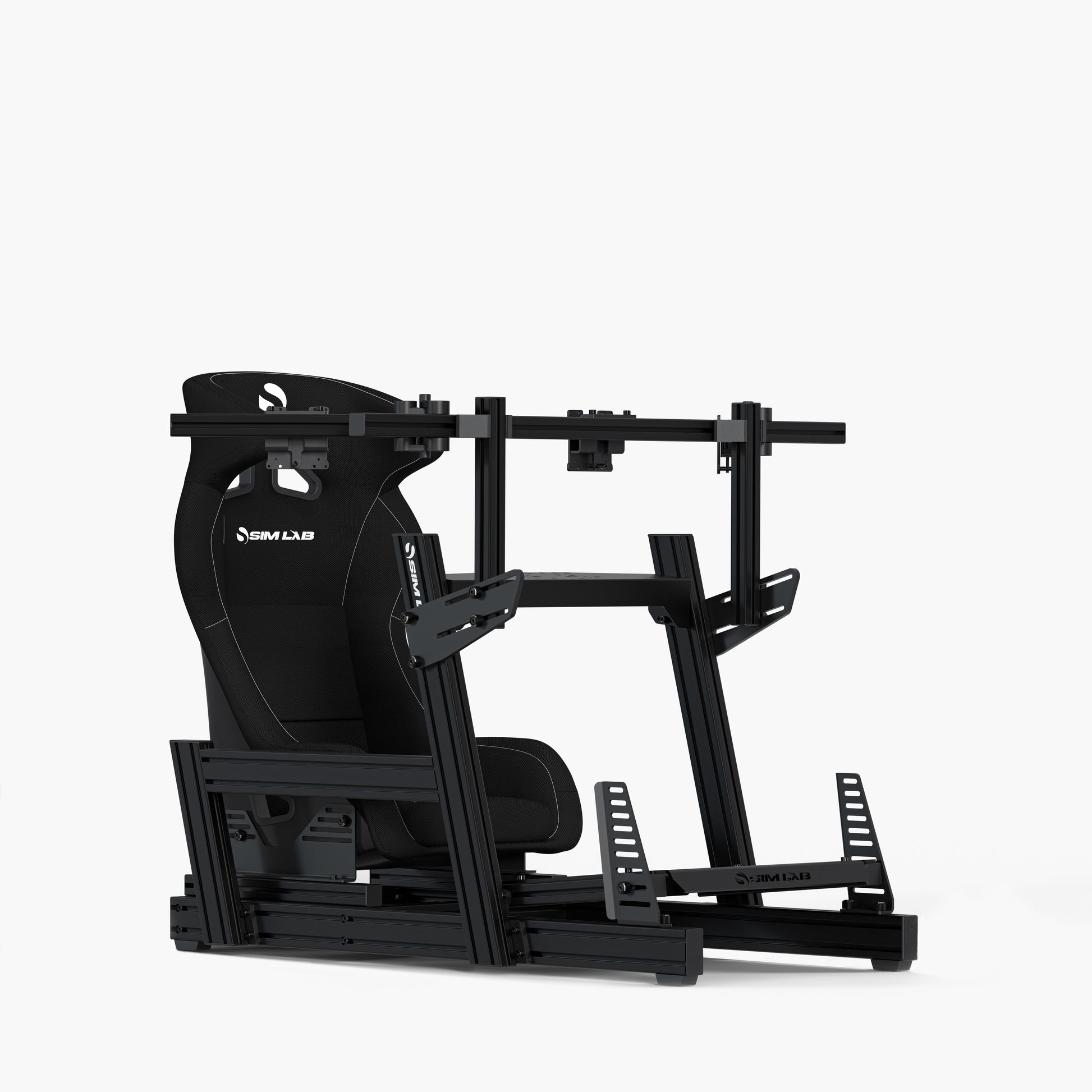 Black Speed1 seat mounted on the GT1 Pro Simracing Cockpit with the Integrated triple monitor mount.