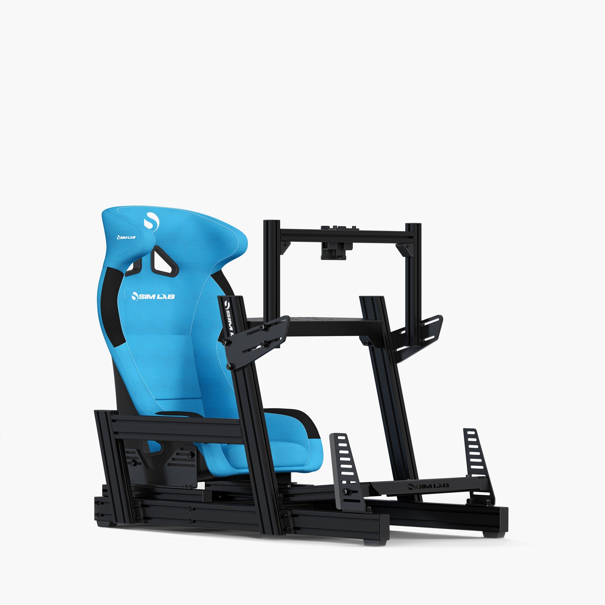 Blue Speed1 seat mounted on the GT1 Pro Simracing Cockpit with the Integrated single monitor mount.