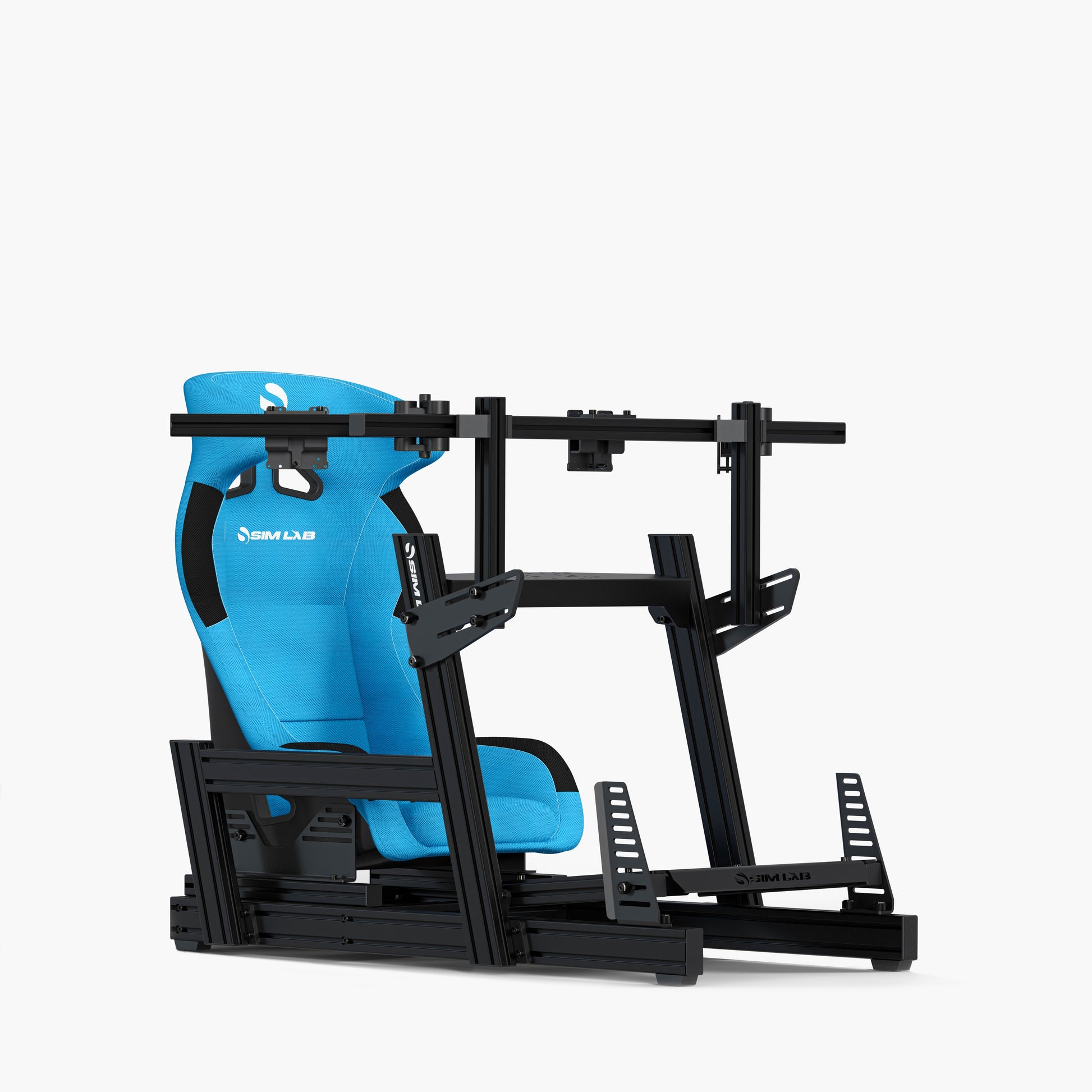 Blue Speed1 seat mounted on the GT1 Pro Simracing Cockpit with the Integrated triple monitor mount.
