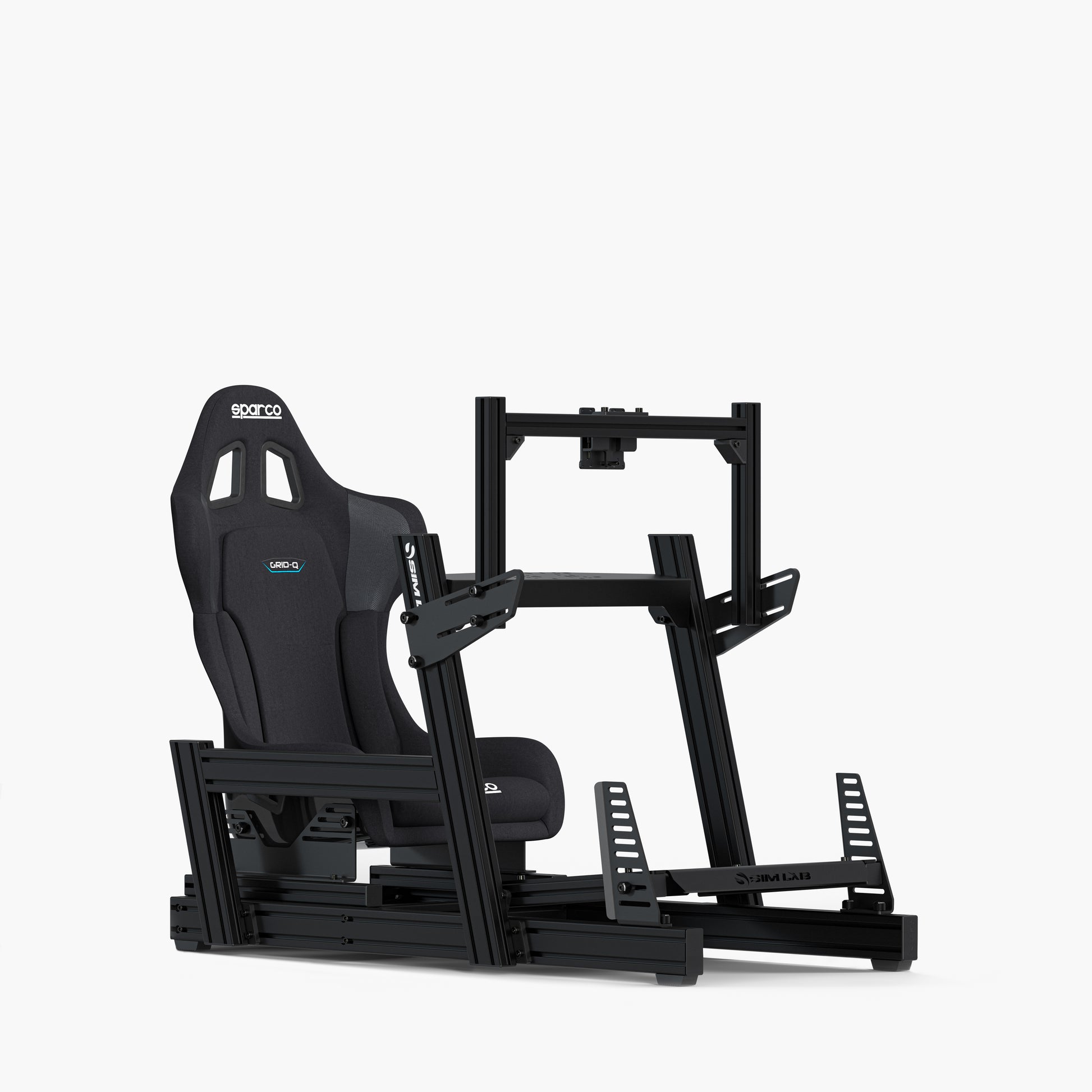 Sparco Grid Q mounted on the GT1 Pro Simracing Cockpit with the Integrated single monitor mount.