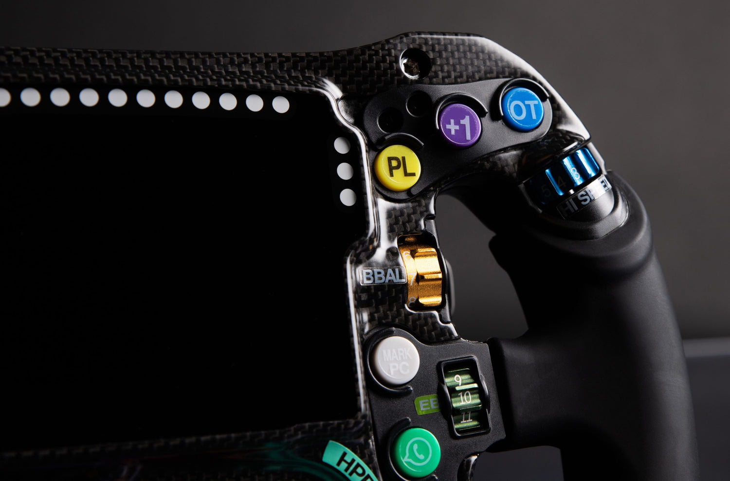 Ergonomic rubber silicone grips on the Mercedes-AMG PETRONAS Formula One Team Sim Racing Steering Wheel (2024)