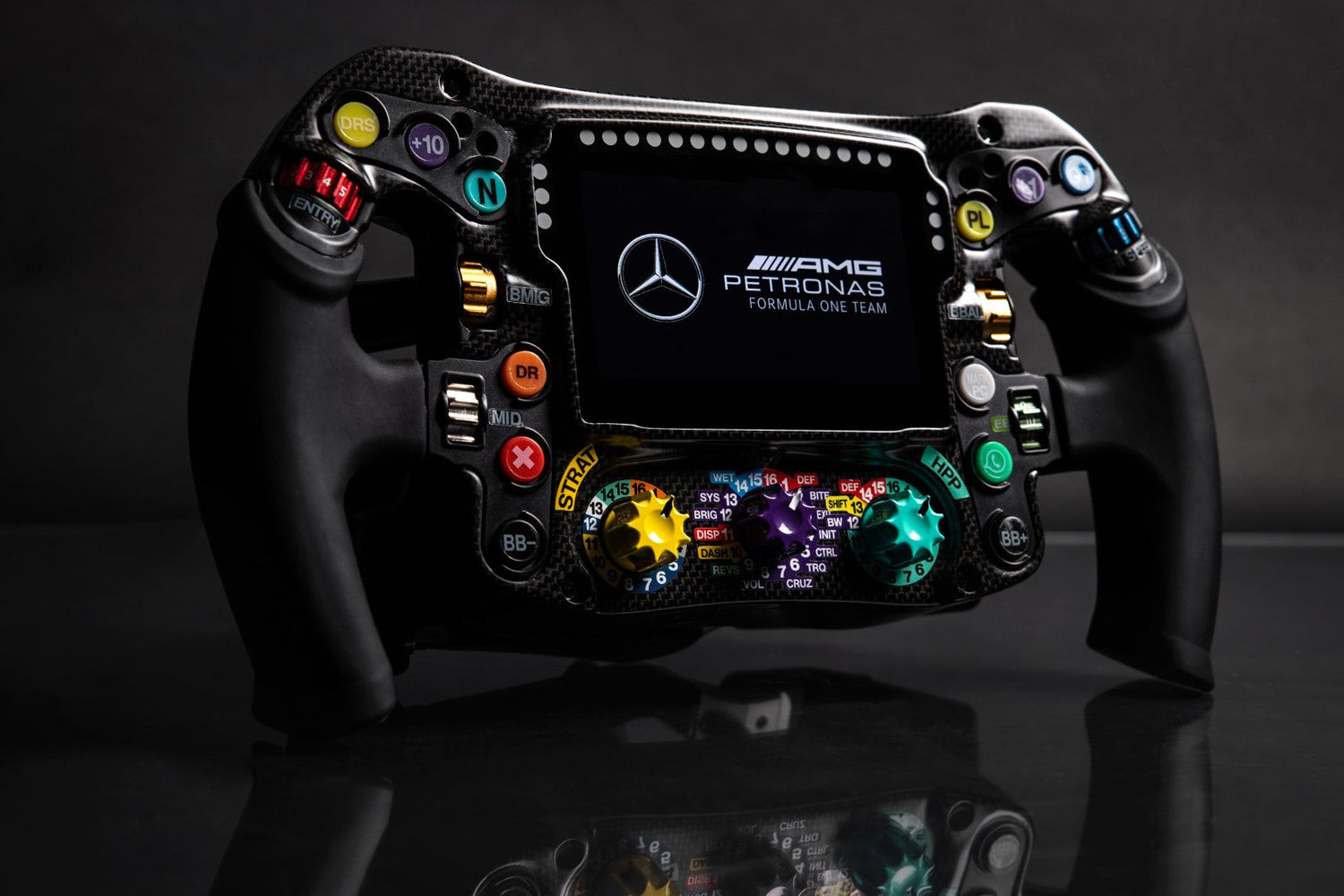 4.3-inch display on the Mercedes-AMG PETRONAS Formula One Team Sim Racing Steering Wheel (2024)